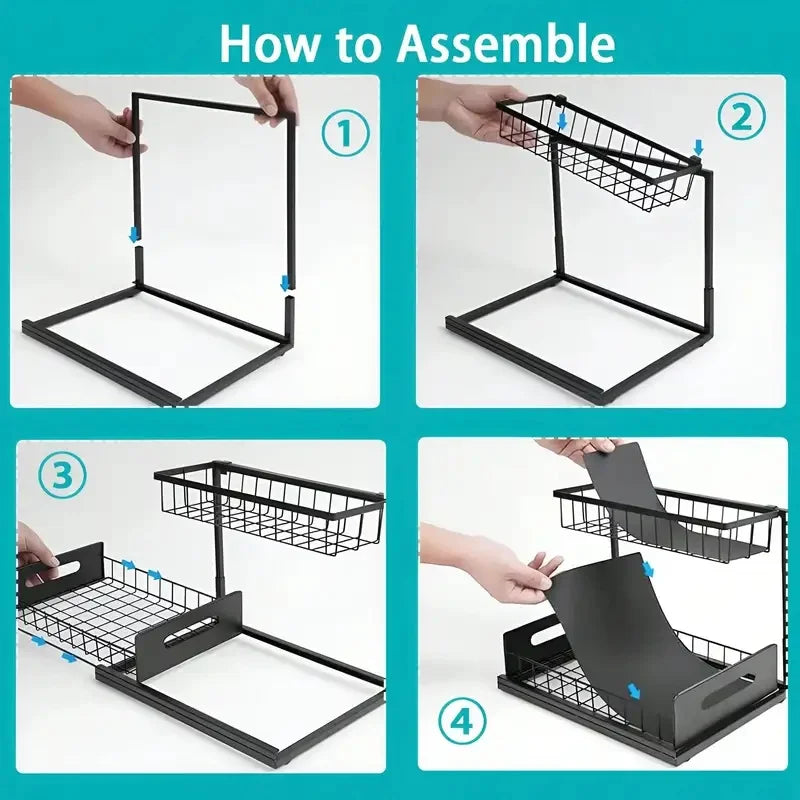 rangement rack noir grille métallique moderne clips poignée imperméable acier fixations organisation cuisine