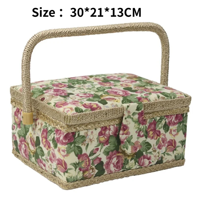 boîte couture rose clair rangement couture tissu imprimé poignée bois sac aiguilles européen doré