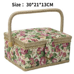 boîte couture rose clair rangement couture tissu imprimé poignée bois sac aiguilles européen doré