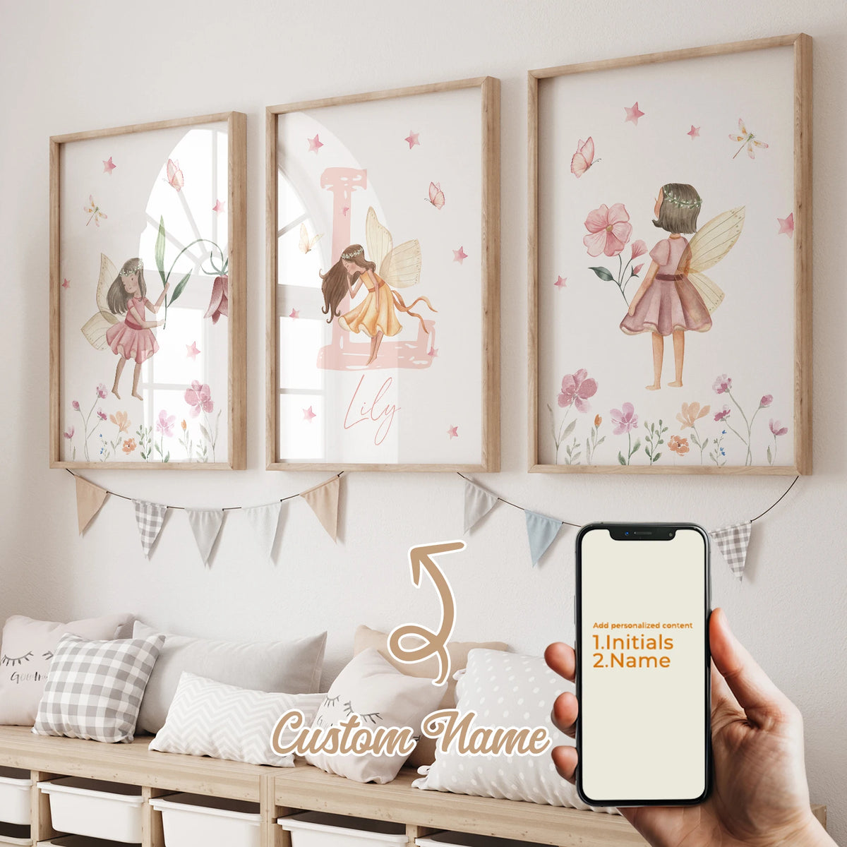 affiches illustratives fée fleurs papillons rose blanc enfantines cadre bois chambre salon