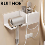 séchoir cheveux support mural blanc gris rose moderne adhésif câble prise électrique pinceaux brosse