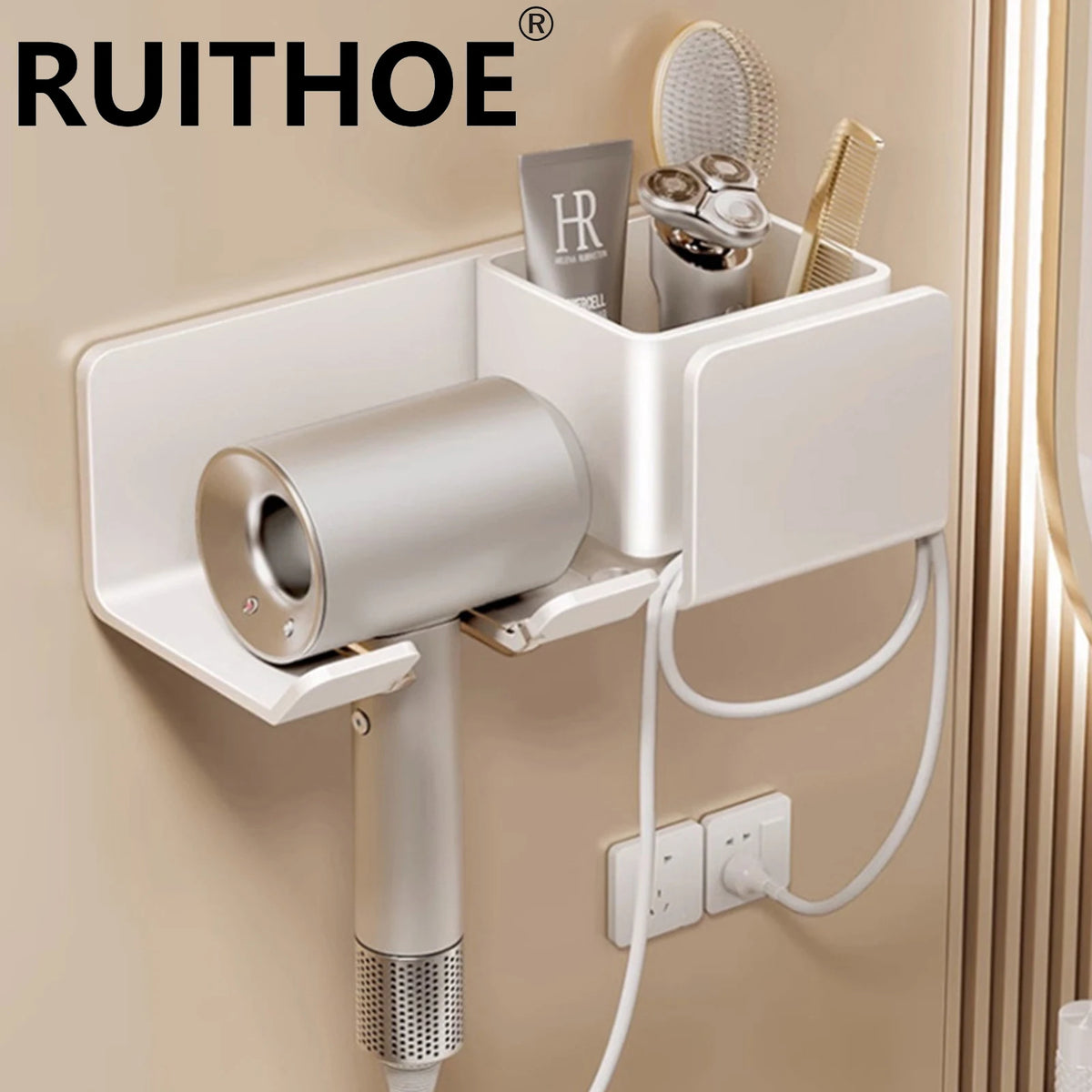 séchoir cheveux support mural blanc gris rose moderne étagère salle bain câble prise électrique