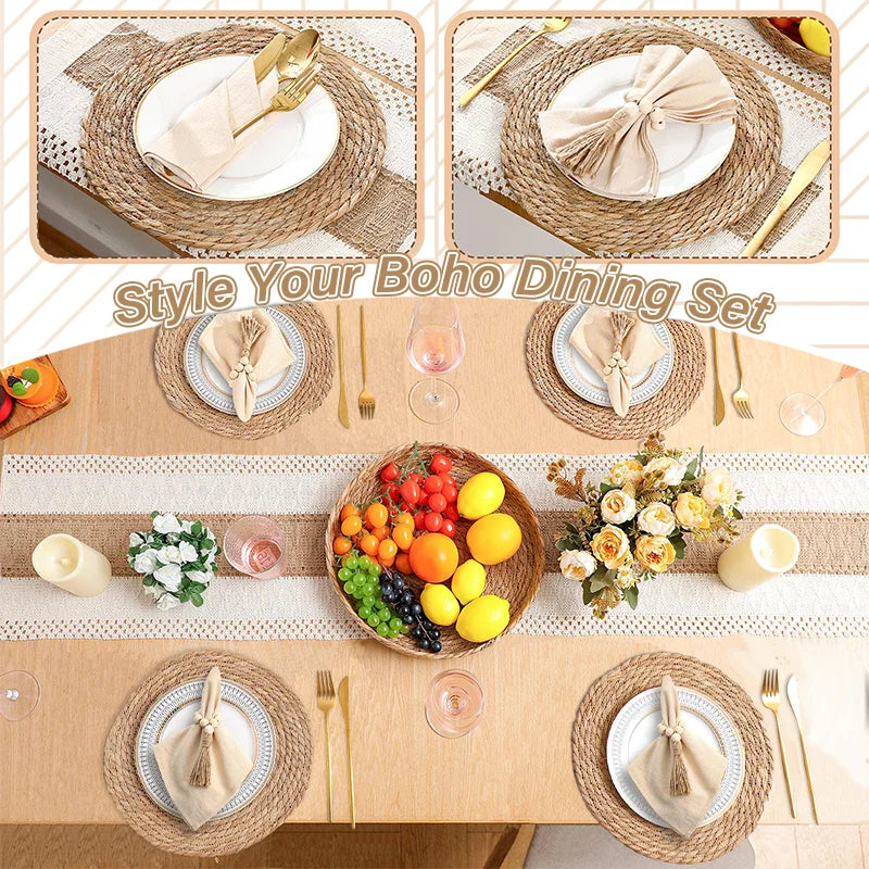 ensembles table boho rustique serviettes lin macramé franges assiettes couverts plateaux