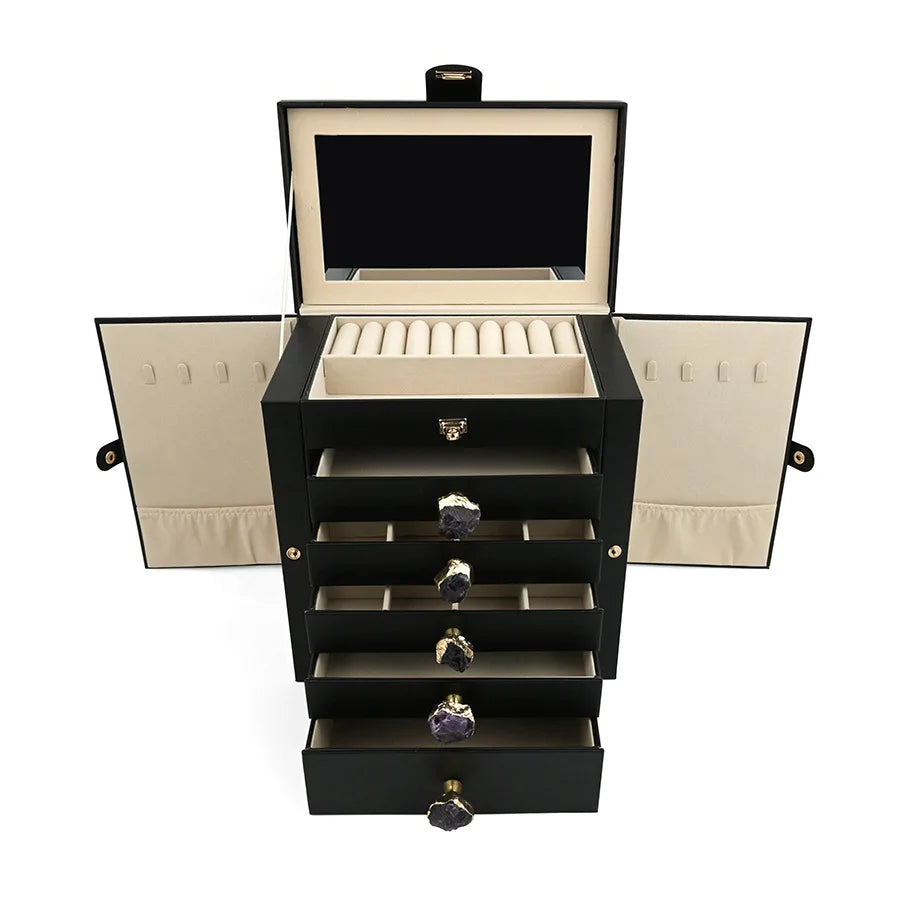 boîte bijoux simili cuir moderne noir rose blanc poignées métalliques rangements multiples velours intérieur
