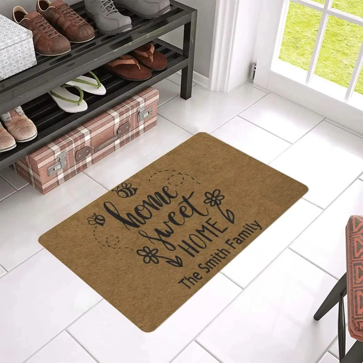 tapis d'entrée marron lettrage floral moderne antidérapant extérieur intérieur 30x18