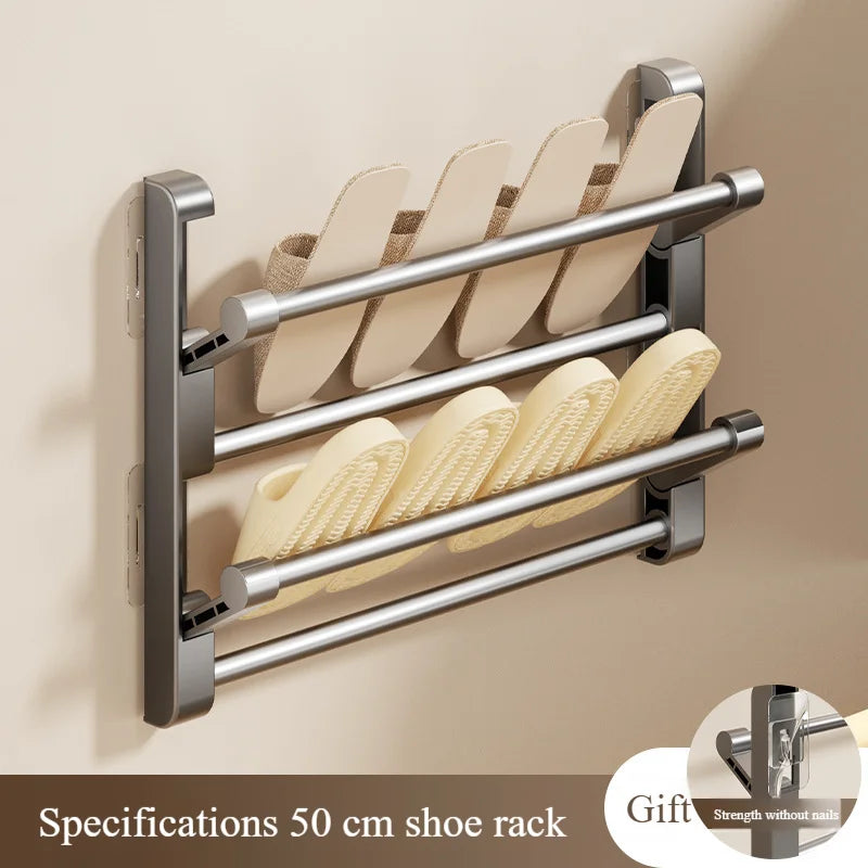 étagère chaussures murale pliante gris moderne compartiments barres horizontales respectueuse environnement salle bain