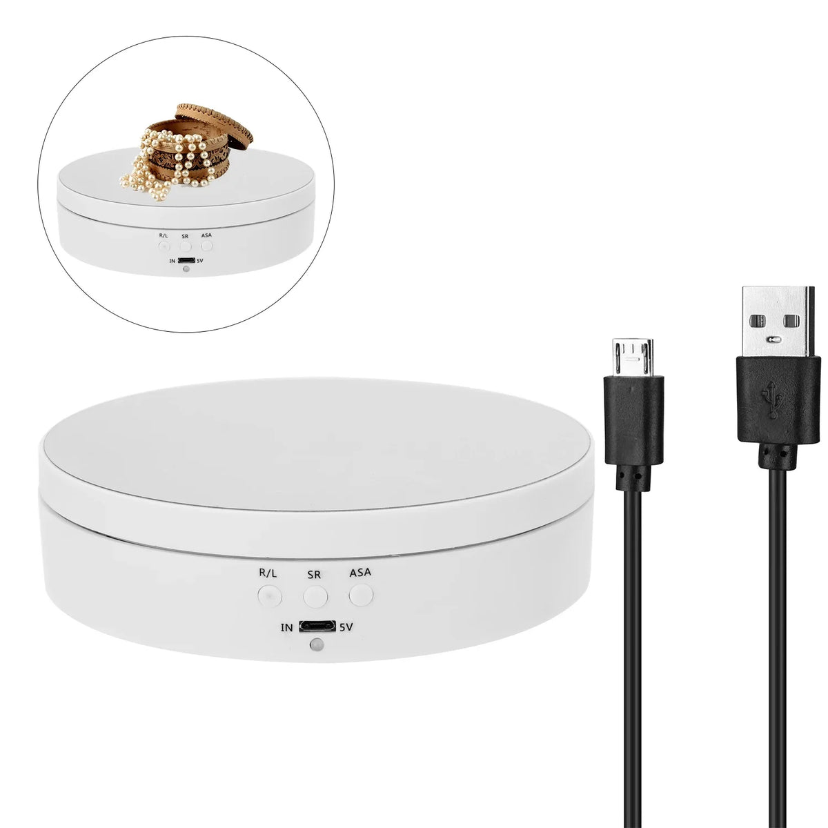 support rotatif électrique blanc noir moderne plateau tournant rechargeable bijoux adhésif câble usb