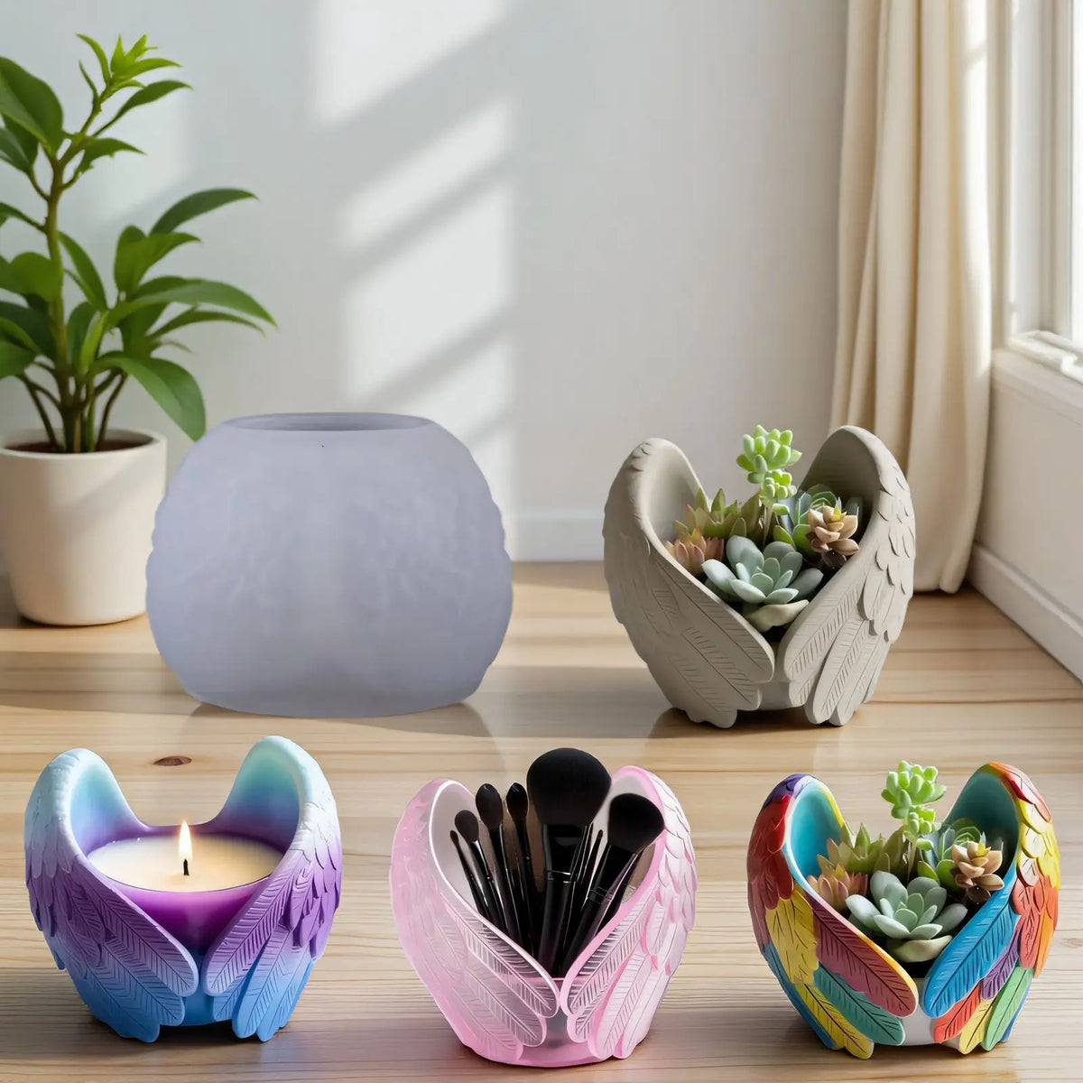 vases décoratifs ailes angeliques plumes motifs floraux moderne violet bleu gris rose blanc