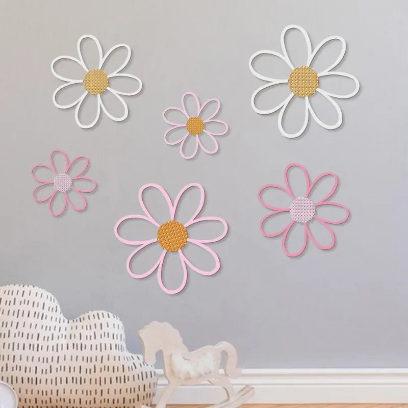 décorations murales fleurs marguerites blanc rose texture tissu moderne enfant champêtre bois