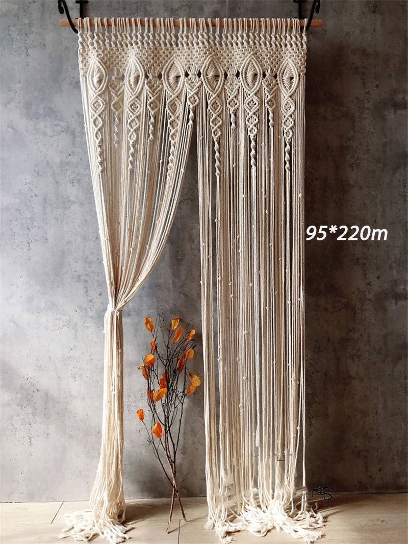 rideau macramé coton beige motifs géométriques boho opacité crochet artisanal decoration mur interieur