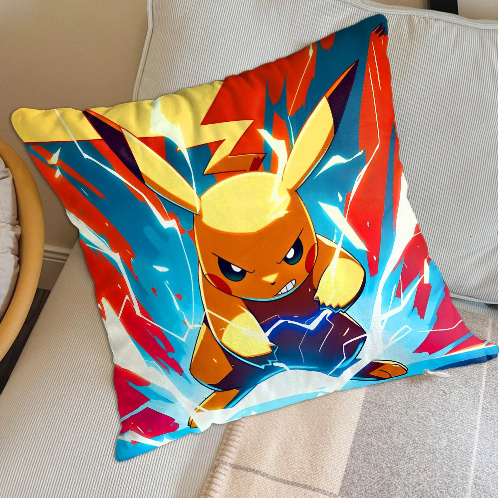 housse coussin carrée jaune motif pokemon pikachu décorative salon chambre lit enfant coton