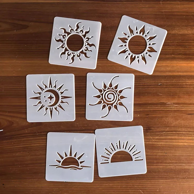 stencils opaques soleil levant rayons demi lunes peinture meuble scrapbooking coloriage artisanal 9cmx9cm