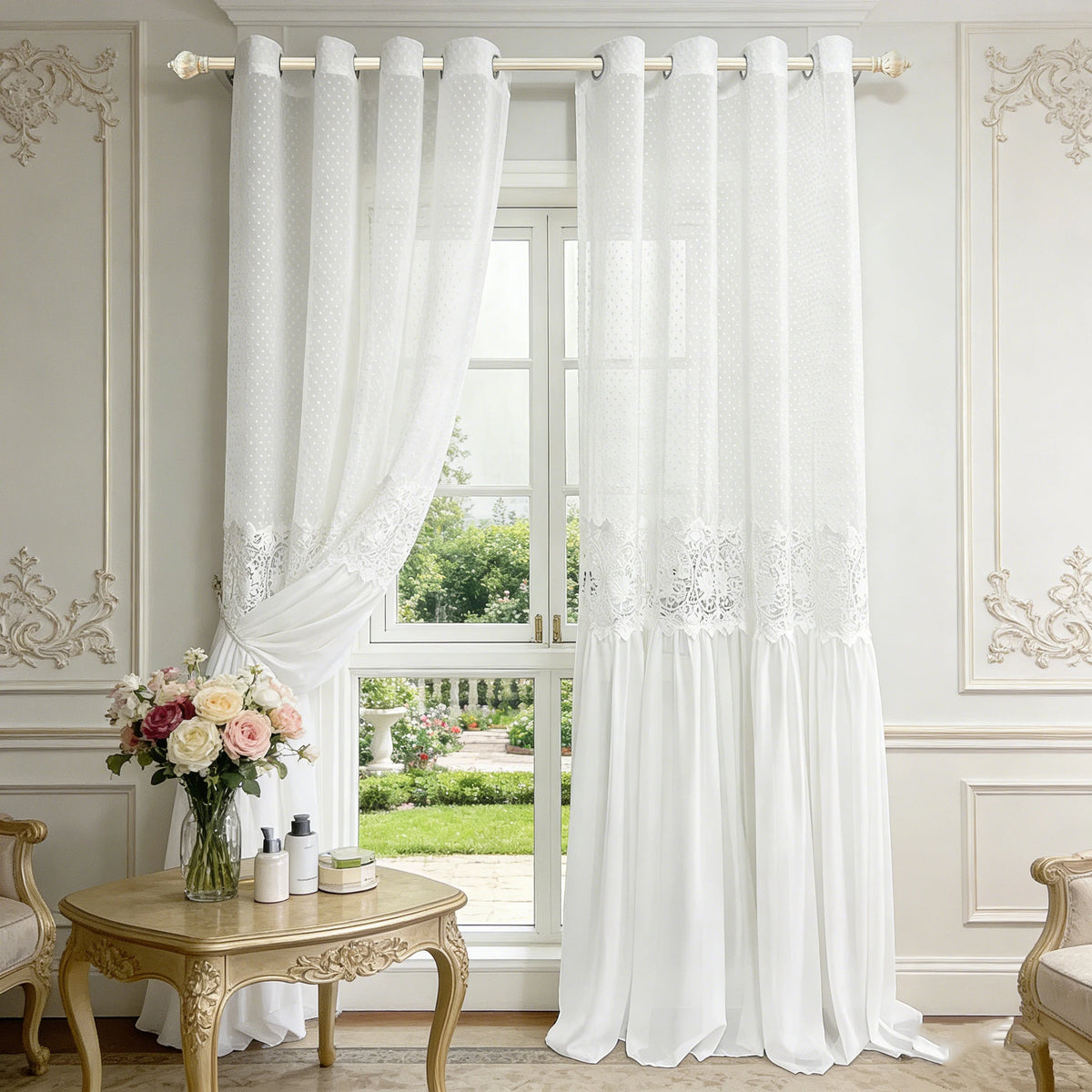 rideau blanc transparent dentelle classique anneaux chambre farmhouse