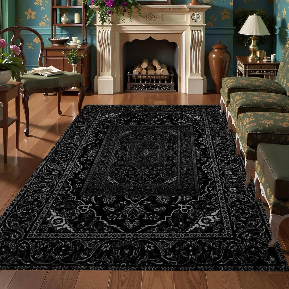 tapis noir blanc motif floral géométrique vintage salon chambre maison velours antidérapant décoratif