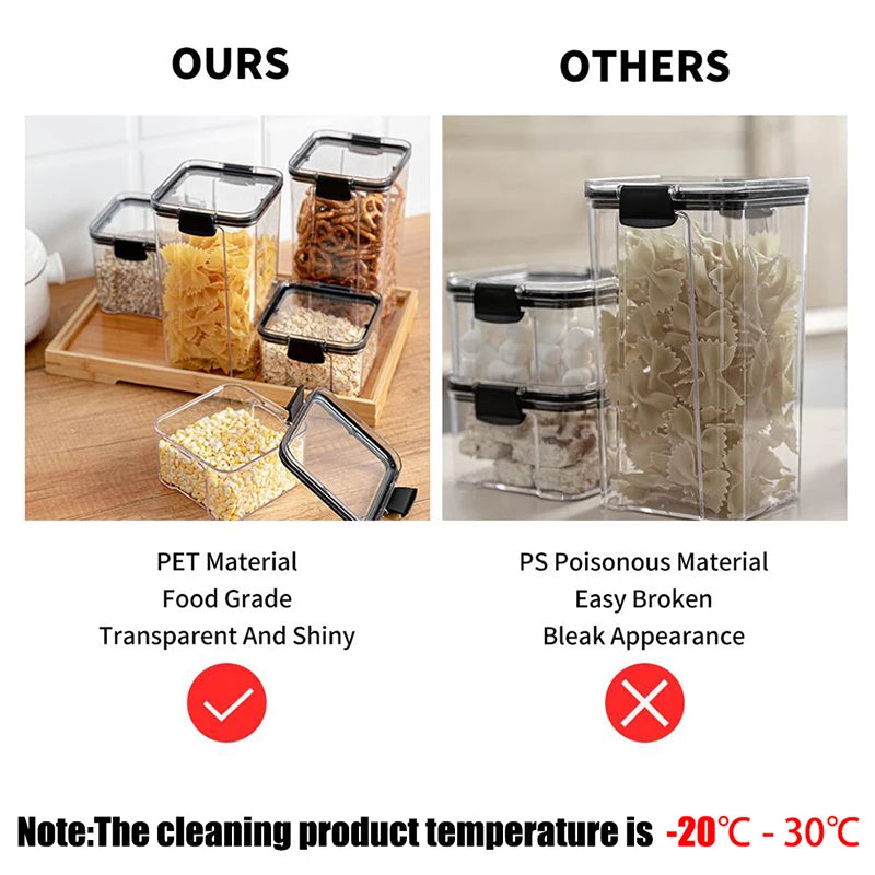 boîtes rangement alimentaire transparentes poignées noires multiple tailles réutilisables modernes pratiques épices pâtes graines