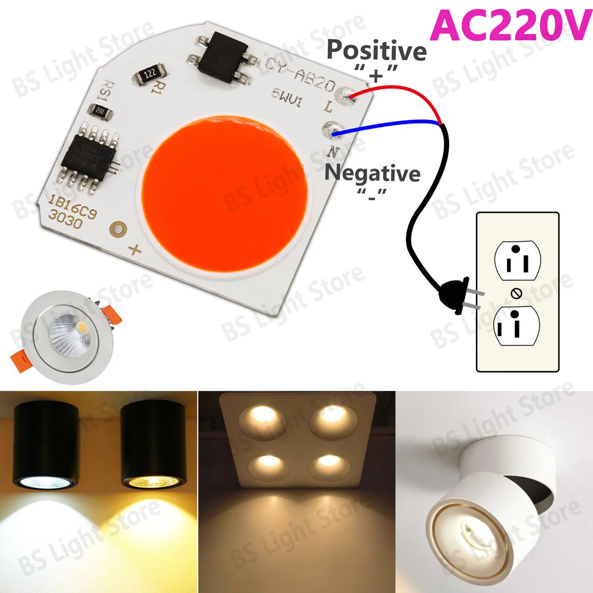 projecteur led 5w 220v orange blanc rouge vert bleu moderne technologique 30x30mm