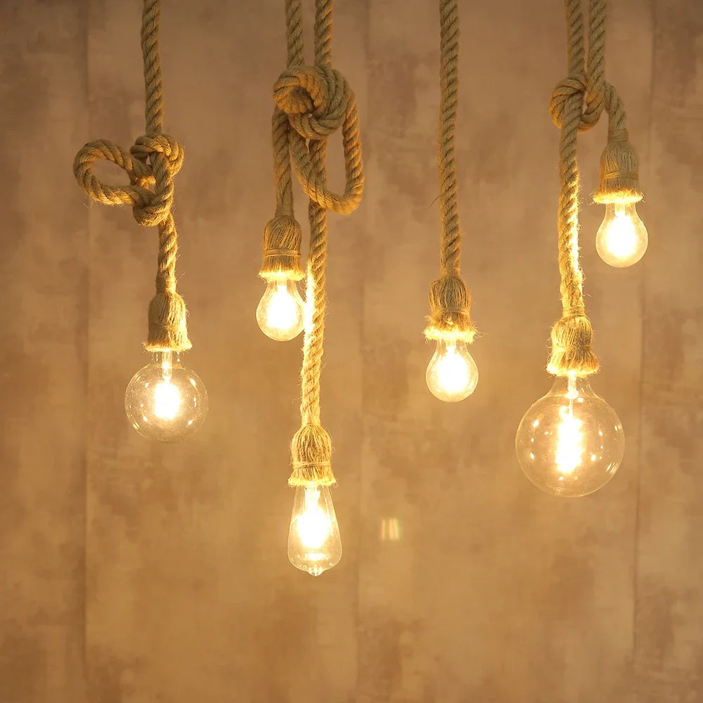 suspension lumineuse industrielle corde tressée naturelle ampoules filaments noir rustic