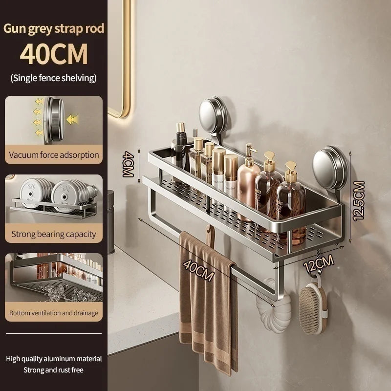 étagère murale perforée moderne adhésif gris miroir porte serviette accessoires rangement salle bain