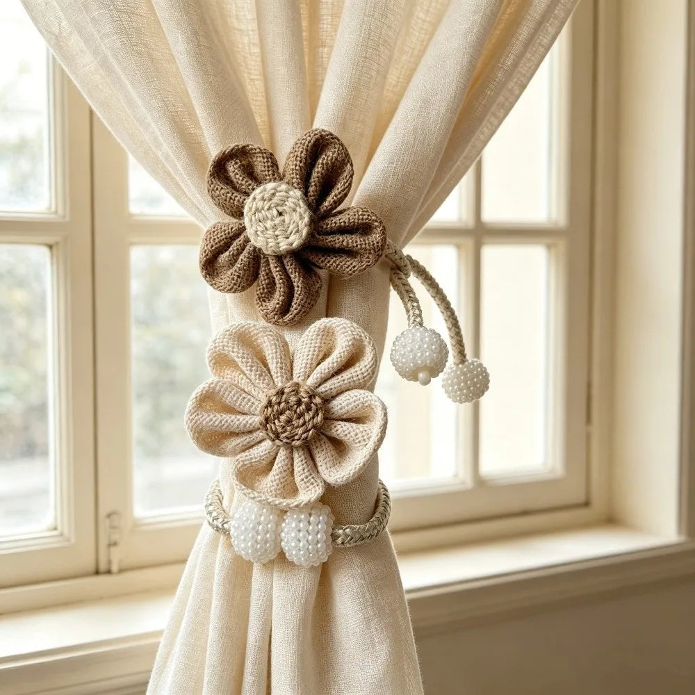 accessoire fenêtre fleurs crochet tissu texturé clips beige marron clair decoratif artisanal