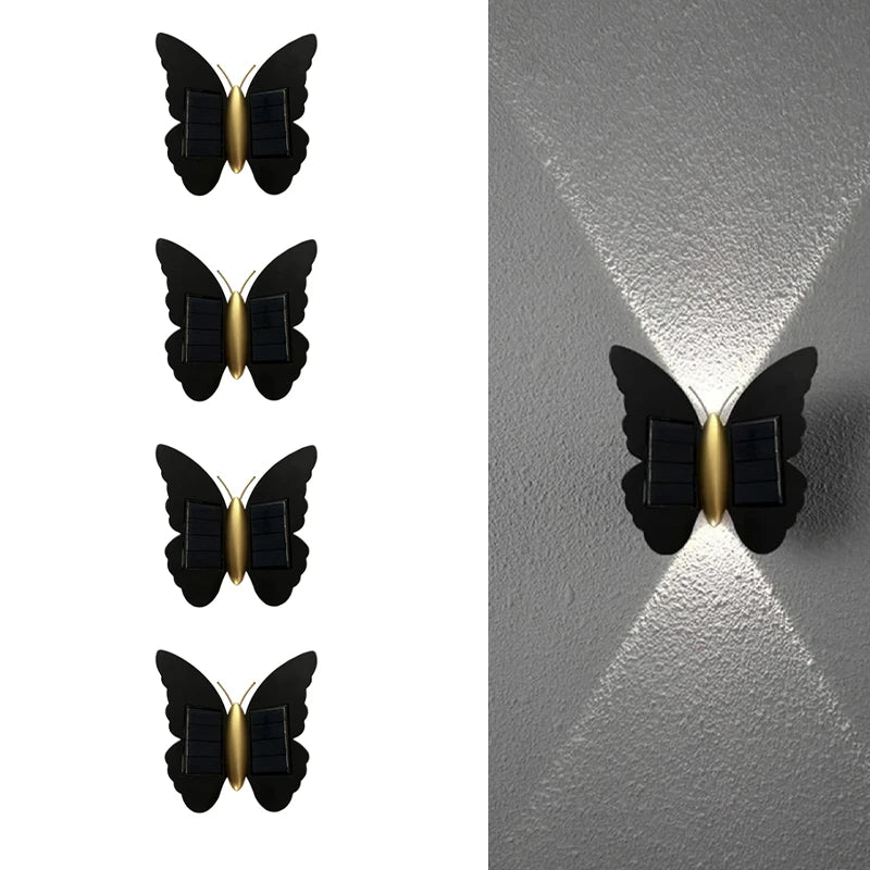 lampe murale solaire led papillon moderne noir doré extérieure adhésive ip44 rechargeable 2lumieres