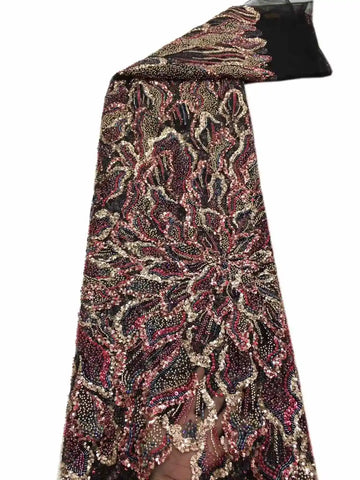 tissu polyester dentelle floral élégant noir doré rose violet translucide soirée mariage