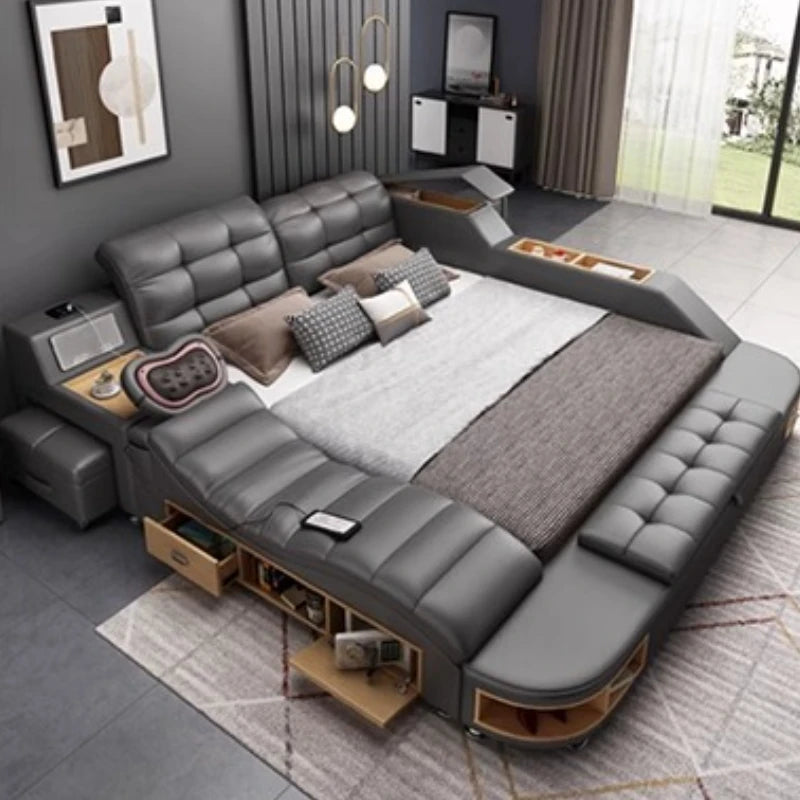 lit multifonctionnel moderne gris clair simili cuir tapis coussins rangement sous lit
