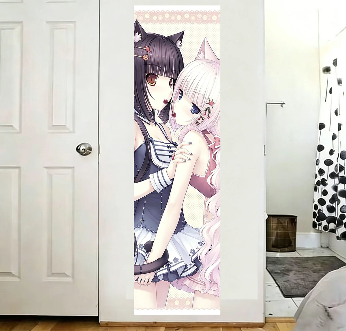 Poster mural anime personnages chats oreilles floral bleu marine rose blanc chambre filles