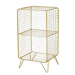 étagère moderne or gris métal maille trois niveaux livres plantes horloge lampe panier
