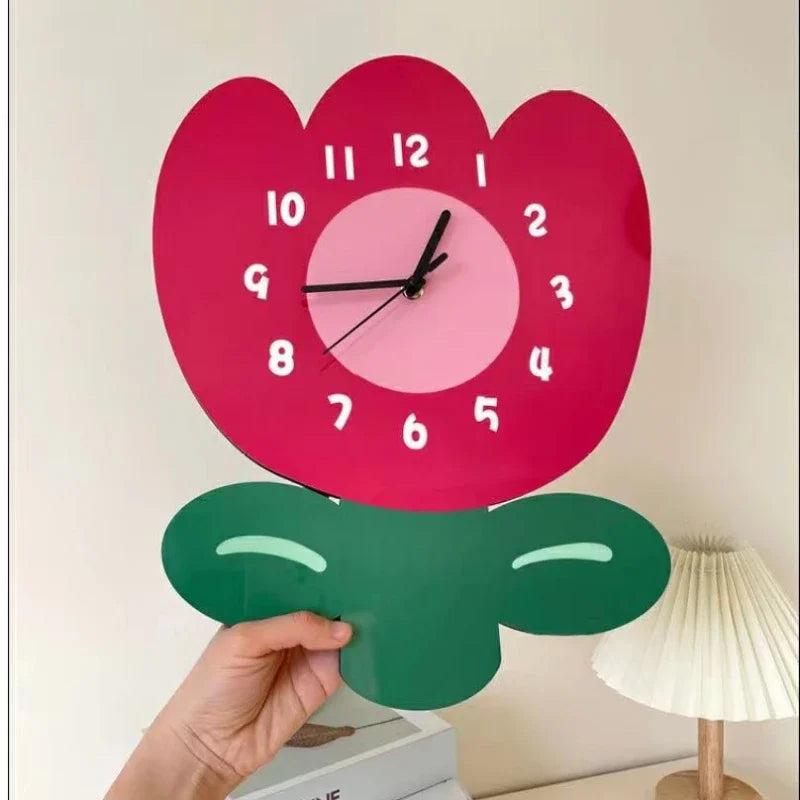 horloge murale quartz aiguille acrylique motif floral rouge rose salon moderne