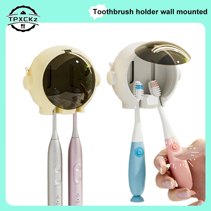porte brosses dents mural astronaute beige jaune rose blanc visière transparente adhésif moderne ludique
