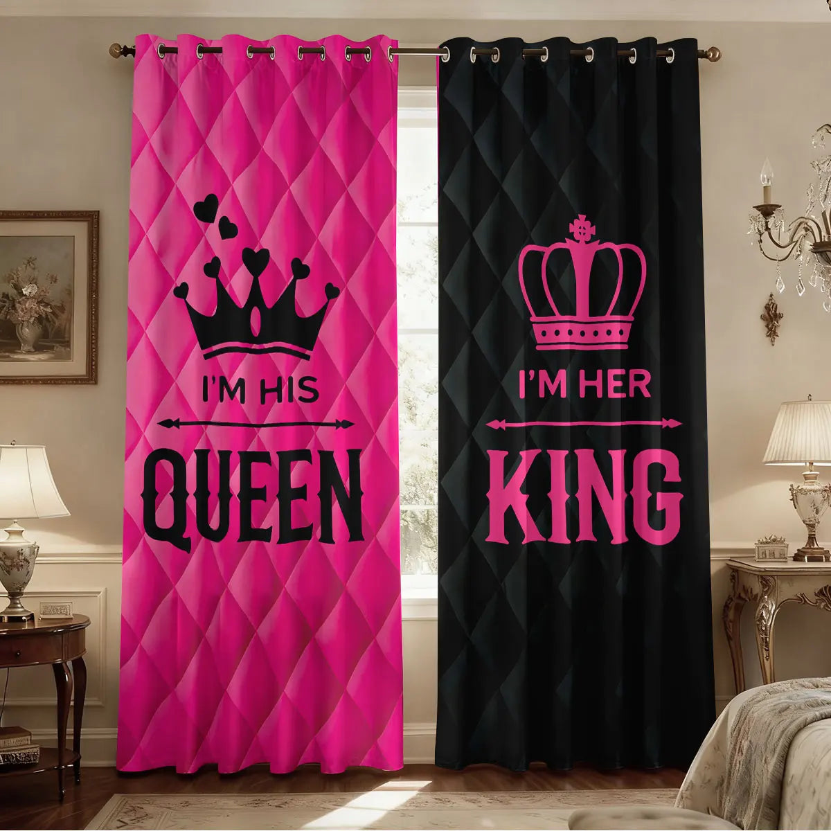 rideaux moderne rose vif noir quilted couronnes mots opaques anneaux métalliques salon