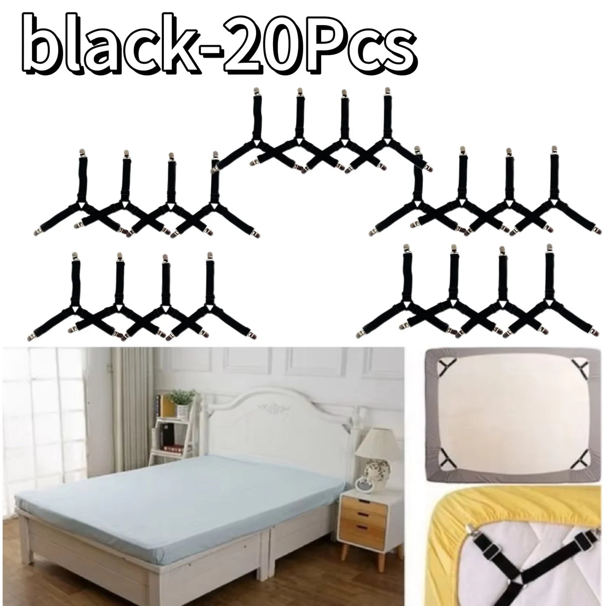 attaches drap lit clips élastiques noir blanc réglables anti tirage ignifuge polyester modernes