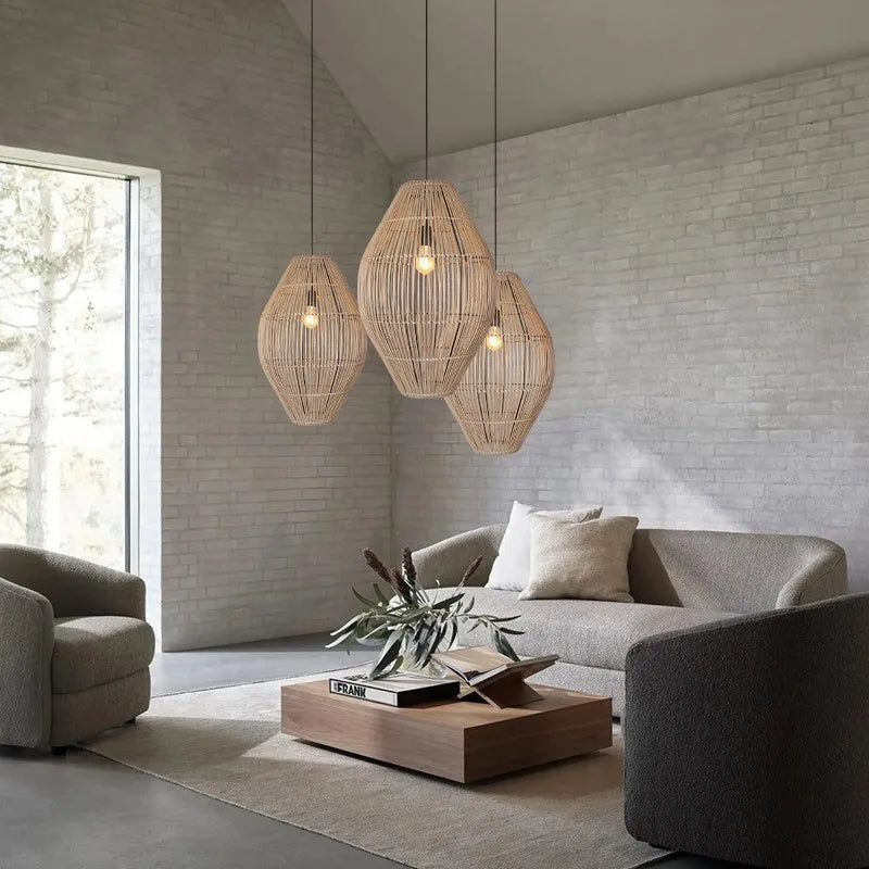 Suspension rattan tressée moderne naturelle salon chambre lumière chaîne métallique
