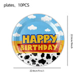 ensemble vaisselle jetable anniversaire thème cowboy vache assiettes gobelets serviettes sacs papier colorés