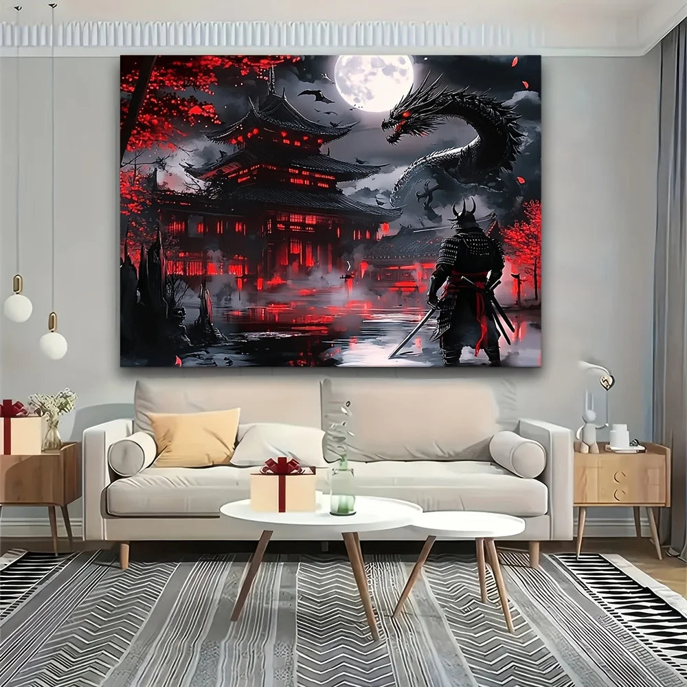 toile d'art paysage fantastique dragon rouge blanc contemporain décoration murale maison chambre salon