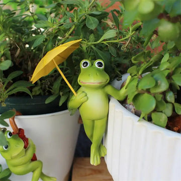 figurines grenouilles parapluies pots fleurs décoration jardin extérieur verte rouge jaune