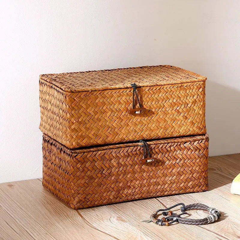 boîte bijoux marron clair tressée traditionnelle réutilisable cordon noir opaquerangement multiple