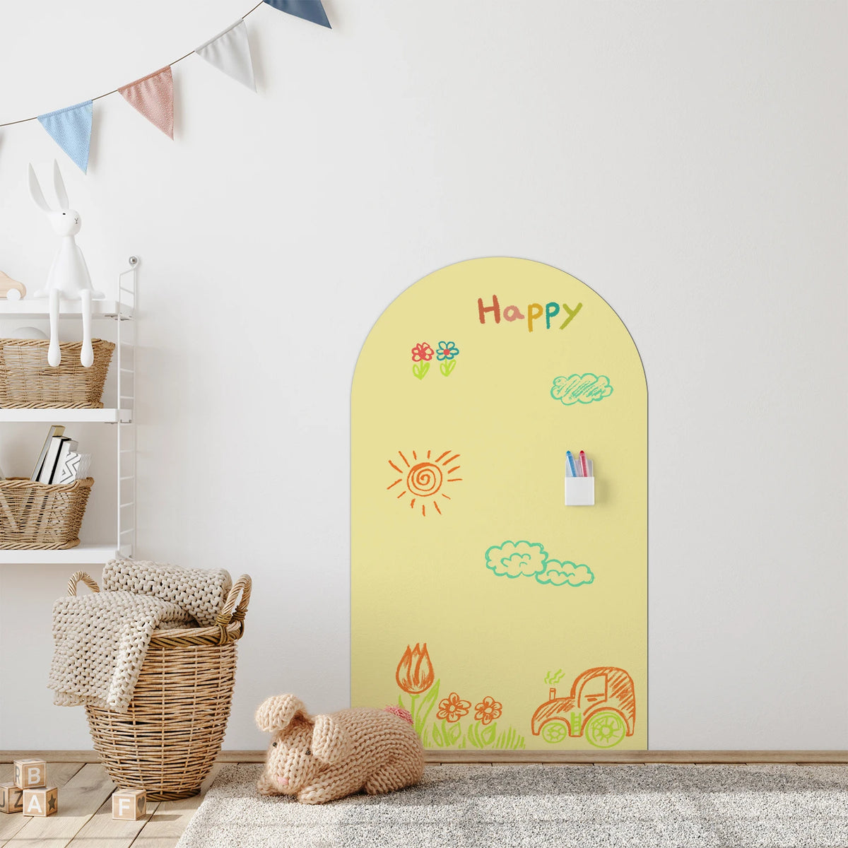 tableau blanc effaçable moderne adhésif crayons couleur motifs animaux jaune clair enfantin opaque chambre