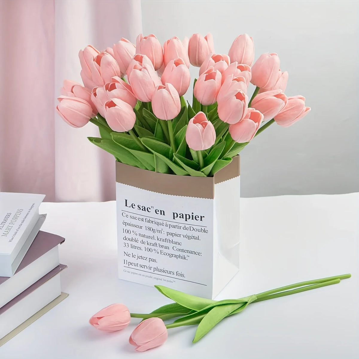 bouquet fleurs artificielles tulipes roses clair feuilles vertes décoration mariage maison fête anniversaire cadeau