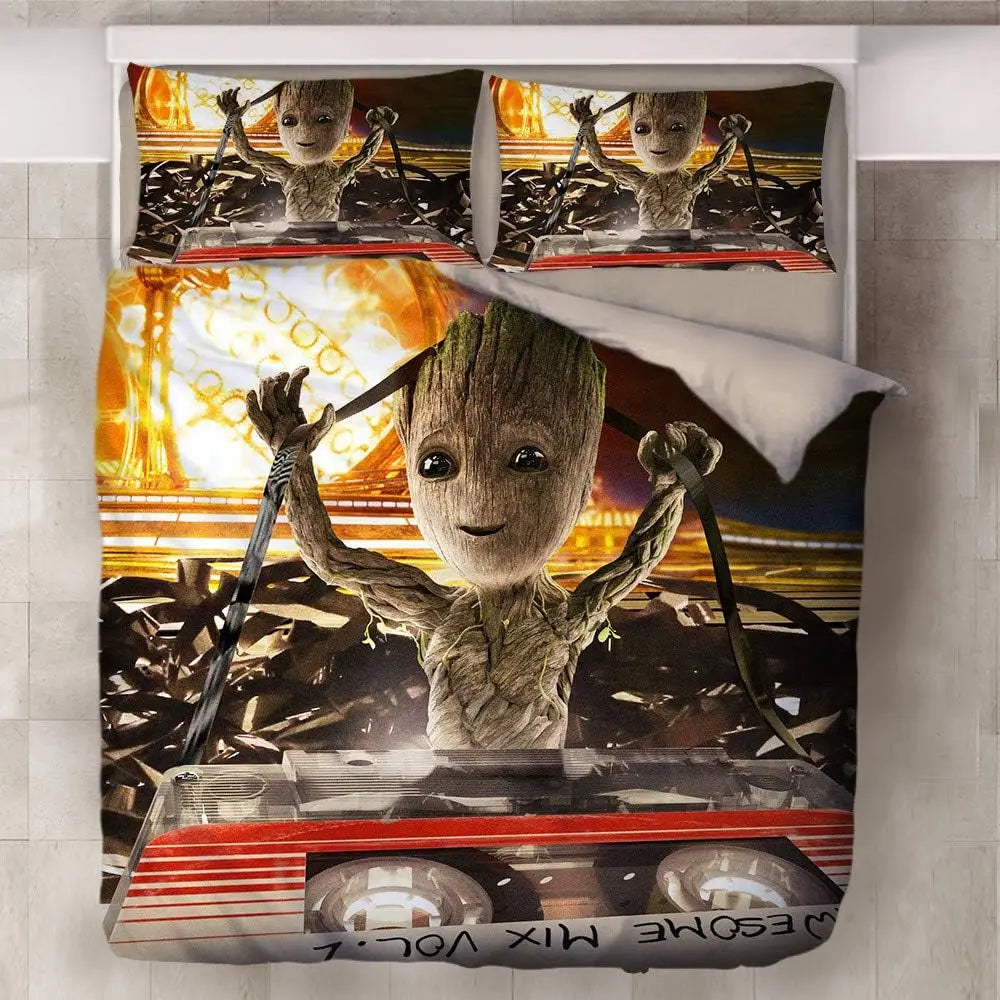 Détail de l'impression 3D Groot sur la housse de couette