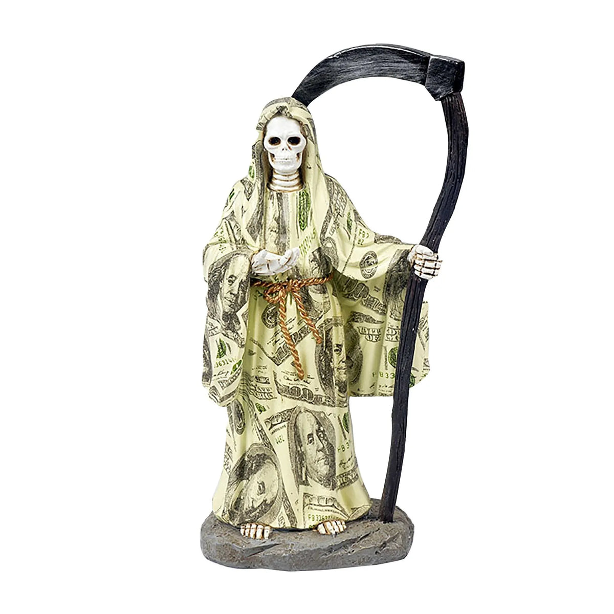 statue squelette robe billets dollars noir blanc gothique classique épée face squelettique jardinintérieur