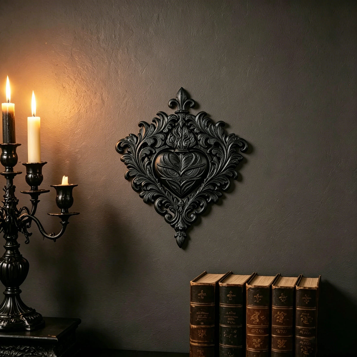 décoration murale baroque plaque ornements floraux cœur sculpté noir vis fixations maison