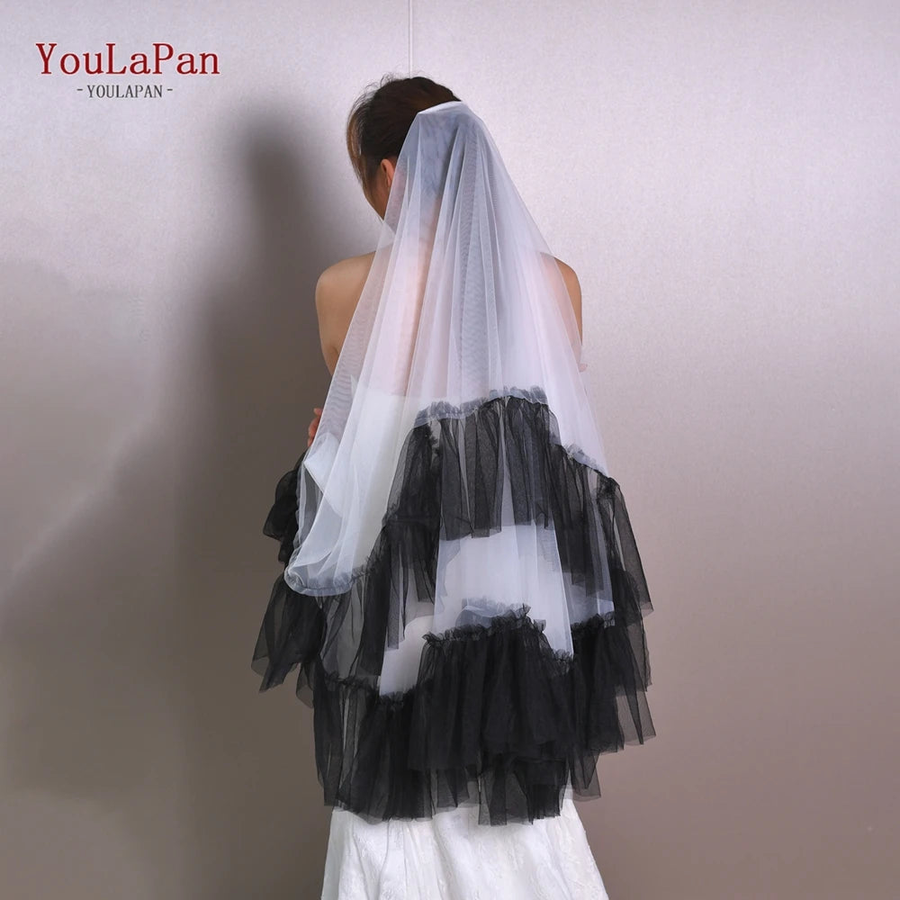 voile mariée double couche franges tulle blanc noir classique élégant mariage photo prom banquet