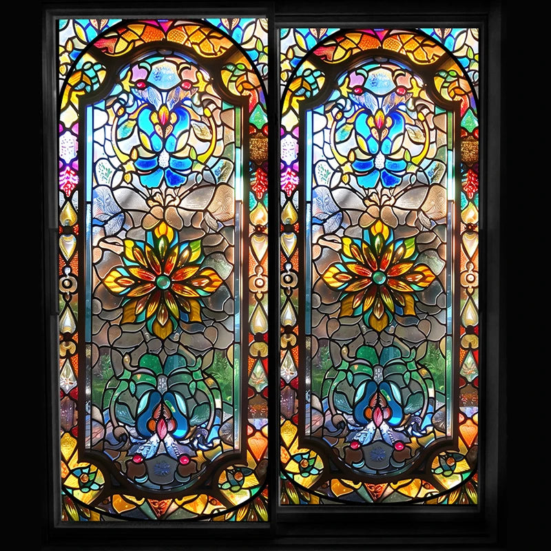 vitrail floral multicolore opaque adhésif art nouveau décoration maison balcon erotique geometrique