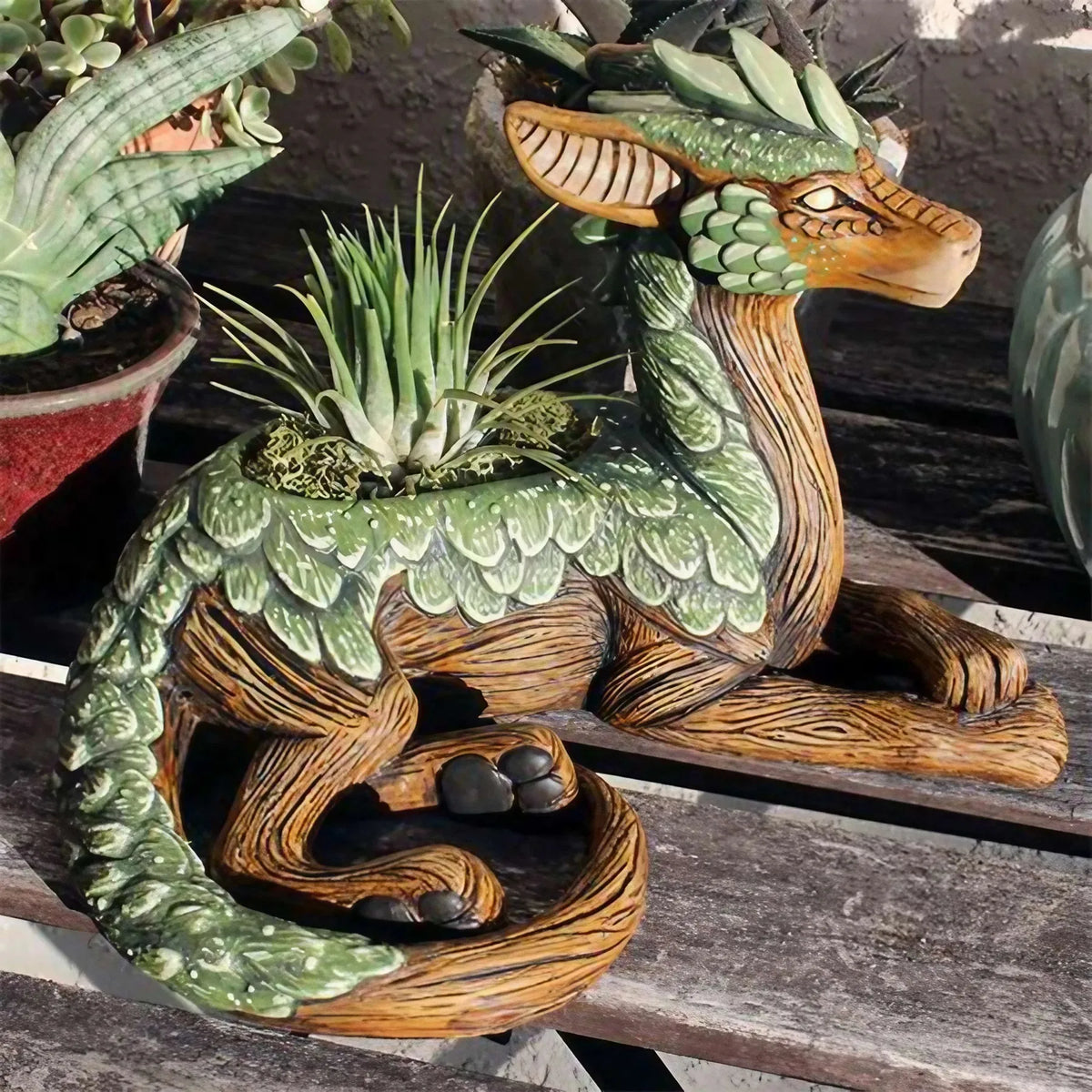 jardinière résine dragon succulentes pot fantaisie texture bois verte marron
