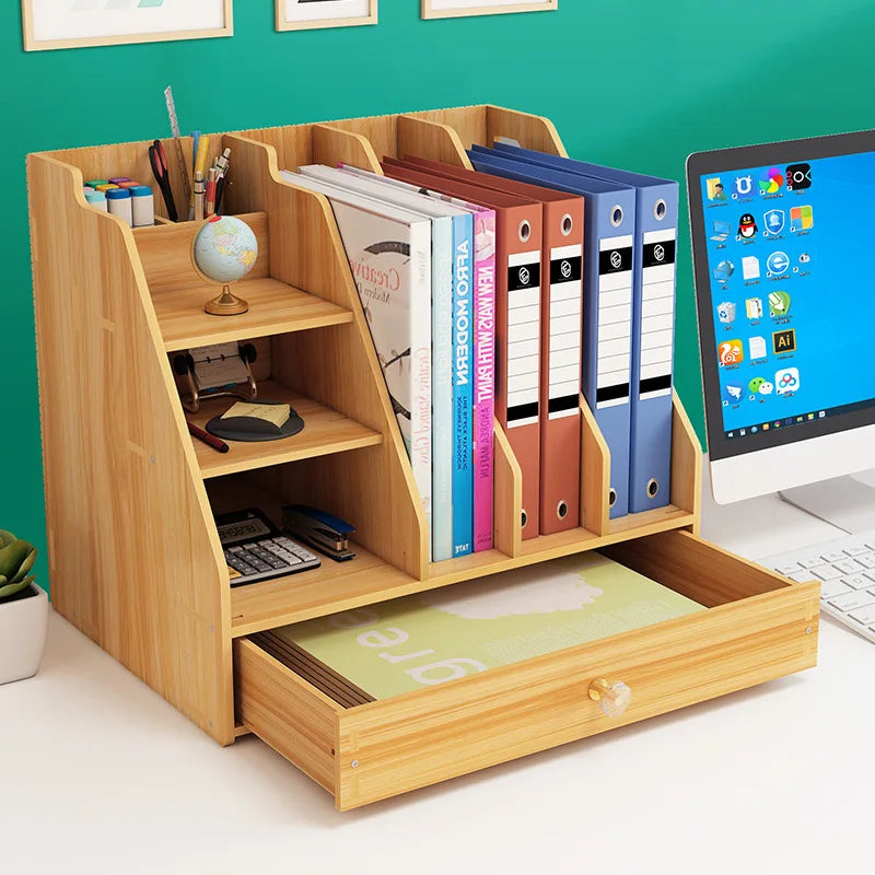 organisateur bois lisse moderne rangement tiroirs fournitures globe terrestre calculatrice stylo