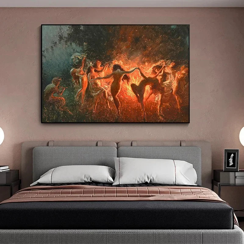 toile d'art contemporaine peinture abstraite figures humaines dansantes vert foncé orange rouge noir beige
