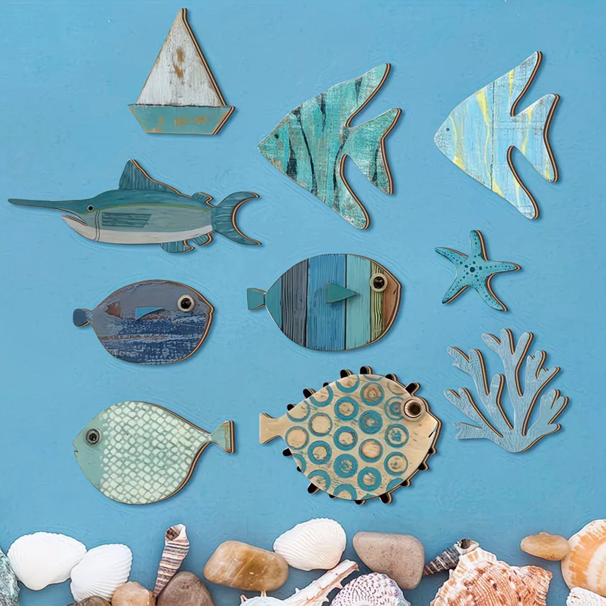 décorations murales poissons coraux bateau marin adhésif bleu gris blanc textures naturelles artificiel bois