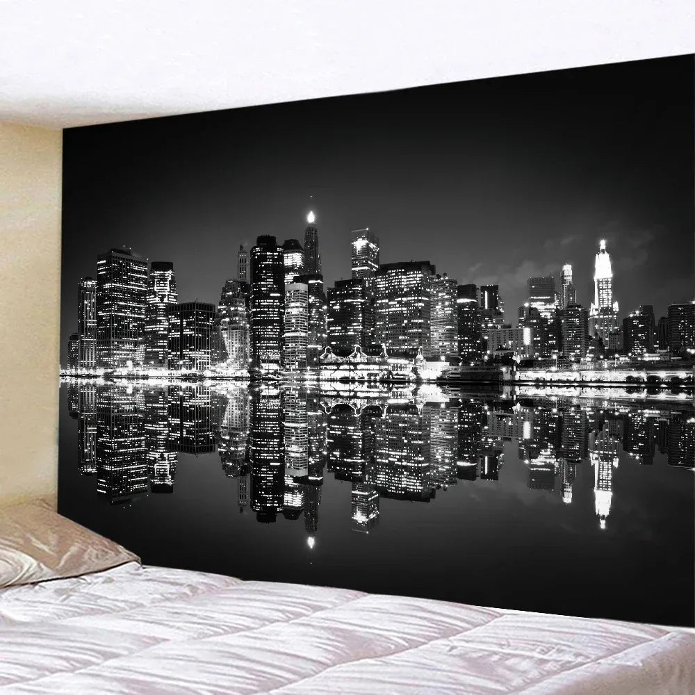 tapisserie murale moderne paysage urbain nocturne gris bleu noir polyestère 150x200cm 120x180cm 90x150cm