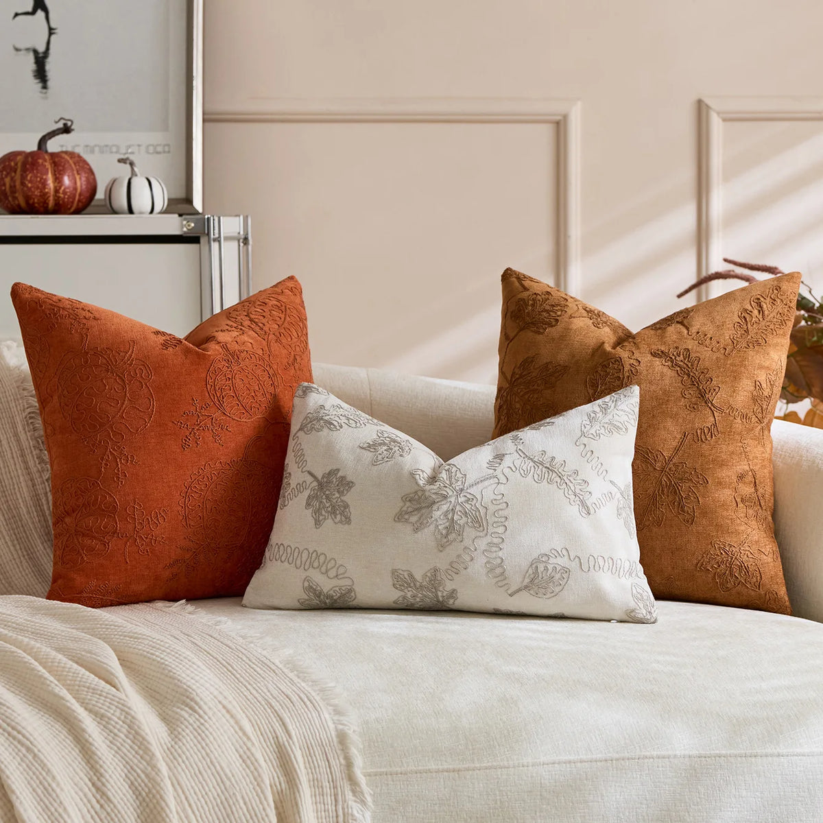 taie d'oreiller jacquard brodé feuille d'érable orange beige maison décoration halloween thanksgiving moderne sans